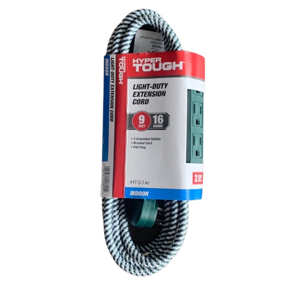 Hyper Tough Light-Duty Extension Cord 9 Feet 16 Gauge Indoor Stripe Green White